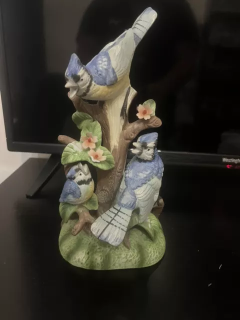 VTG Ceramic Blue jays on a Tree Figurine