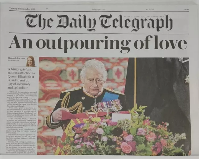 The Daily Telegraph Newspaper Uk 20th September 2022 Queen Elizabeth II Funeral