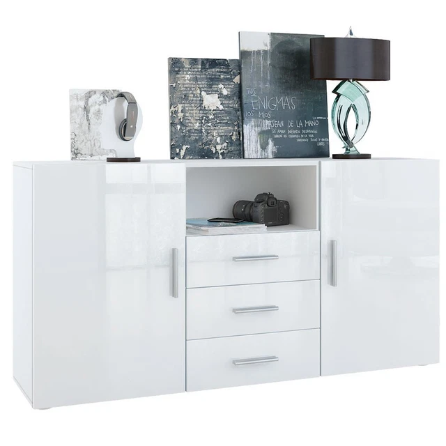 Credenza, cassettiera nera lucida con 2 cassetti, cassettiera, cassettiera da camera, credenza