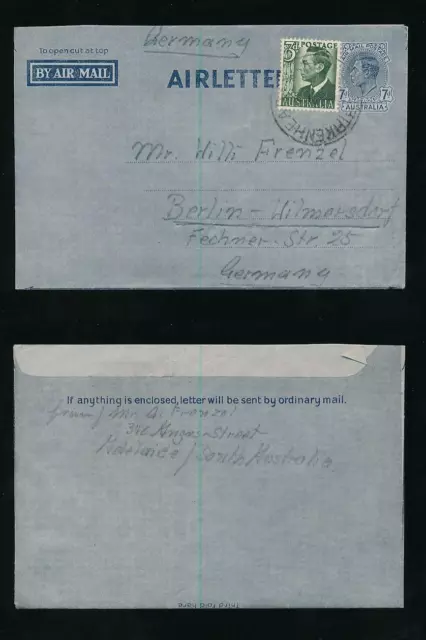 AUSTRALIA AIRLETTER STATIONERY to GERMANY UPRATED LONG MESSAGE FRENZEL 1952