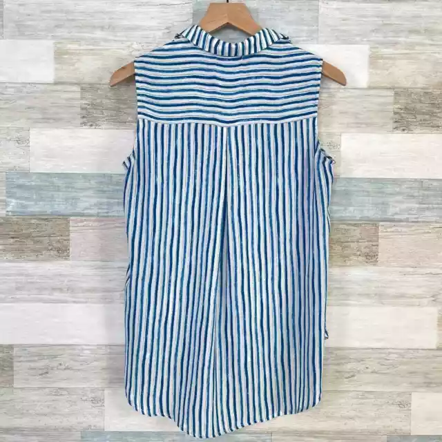 Pleione Sleeveless Button Down Top Blue White Striped High Low Womens Small 3