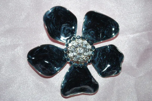 Black Enamel Flower Brooch Pin Pendant Petals Clear Crystals Silver Tone Metal