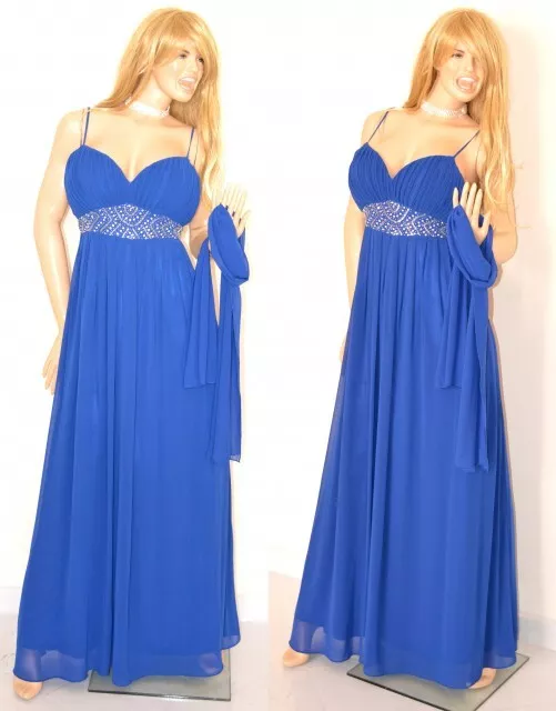 Abito lungo donna blu maxi vestito con stola giromanica elegante cerimonia U1A