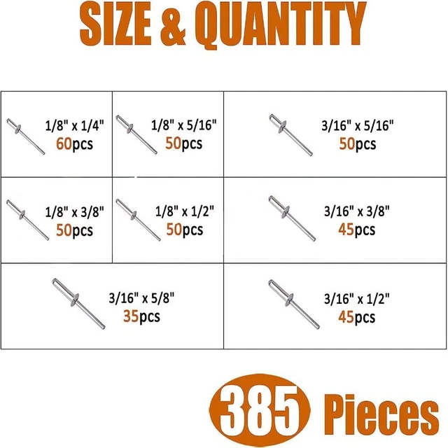 385pcs Aluminum Pop Rivets 8 Sizes Blind Pop Rivets  Furniture Car Aircraft 3