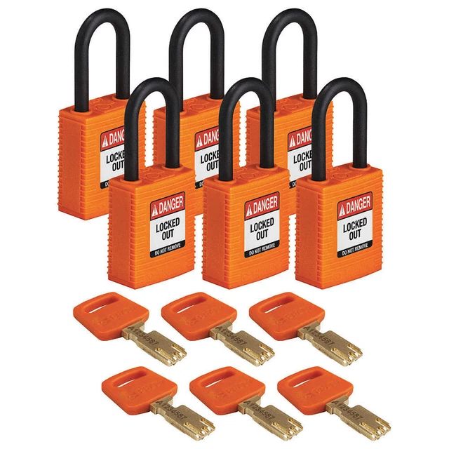 BRADY NYL-ORG-38PL-KA6PK Lockout Padlock,Nylon,1/2" W,Org,PK6