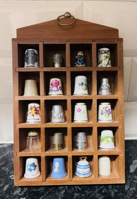 Vintage Collectible Lot Of 20 Brass, Silver & Ceramic Thimbles And Display Case