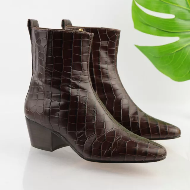 J Crew Women's Boot Size 7 Low Block Heel Pointed Croc Embossed Brown Leather