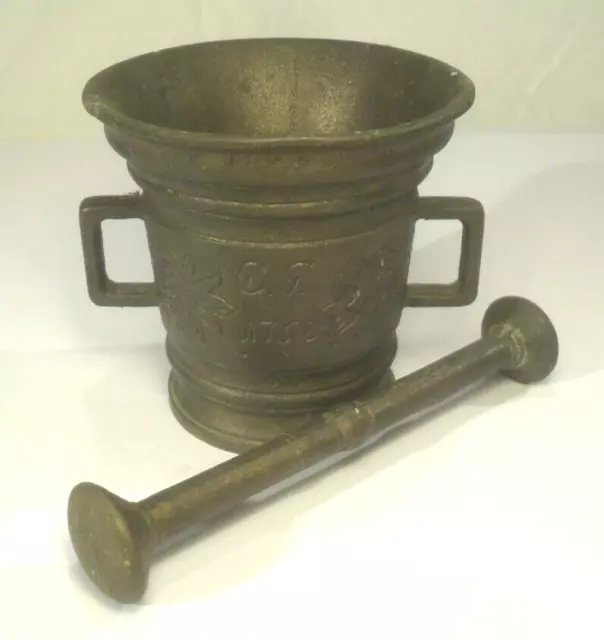 alter BRONZE MÖRSER mit PISTILL - C.G. 1758 - Messing Apotheke