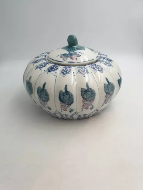 Chinese Ceramic Large Pumpkin Shaped Lidded Pot Hand Painted Green Blue Grapes