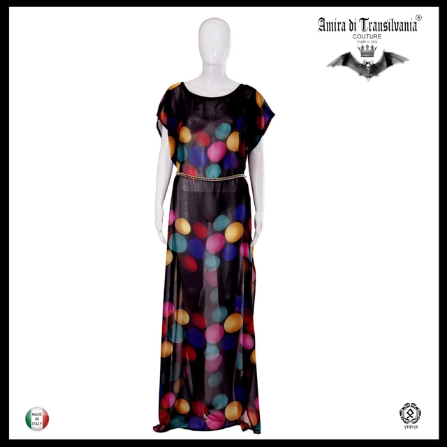 abito donna estivo griff alta moda couture caftano chiffon seta pois nero curvy