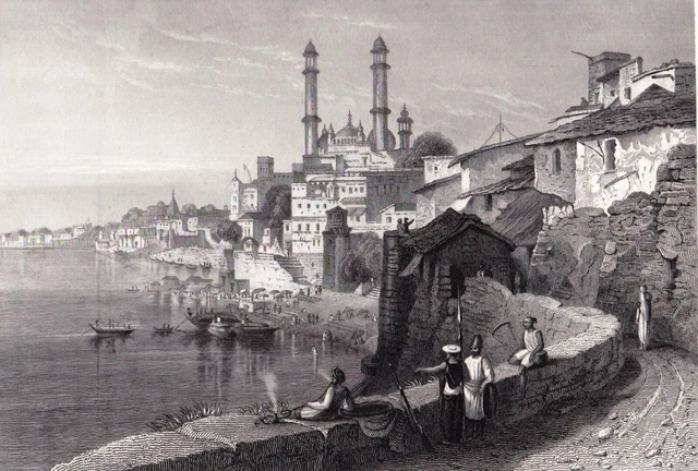 Gravure XIXe siècle Vue Varanasi Bénarès Uttar Pradesh Inde वाराणसी