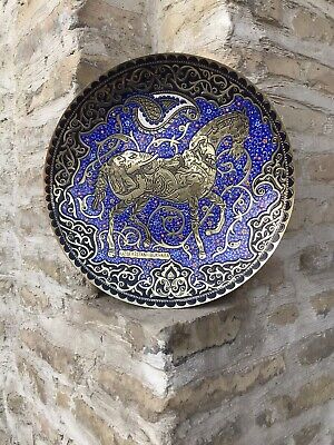 Brass Plate Hand Carved 16.Cent Bukhara Uzbekistan Design Black Blue Gold 11,81