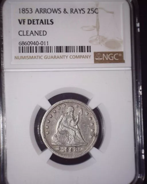 1853 Seated Liberty Quarter, NGC VERY FINE, Arrows and Rays