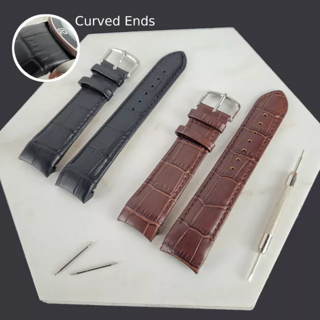 Curved End Crocodile Grain Calf Leather Watch Strap Band - Black Brown 18/20/22