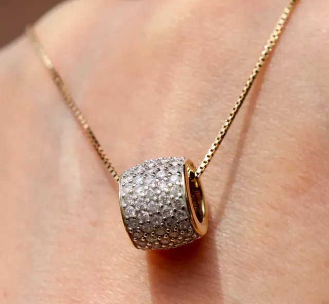 14K 585 Solid Yellow Gold Rolling Barrel 1.00Cts Diamond Pendant 16" Box Chain N