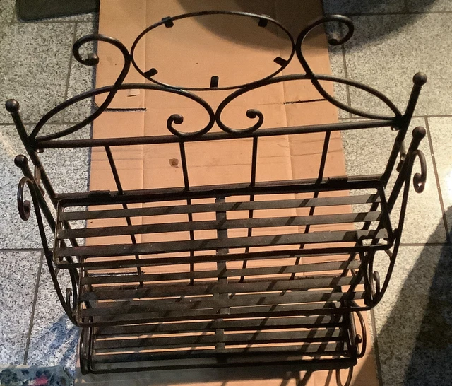 Vintage Metal Shelf Scroll Work 3 Tier Folding Black Antiqued Paint 24 X 18 X 6”