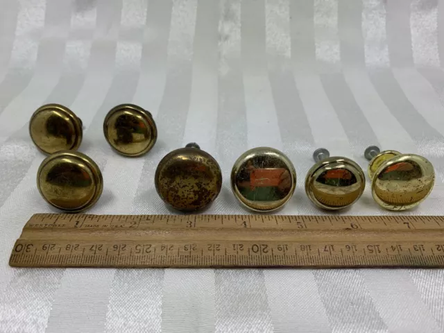 Lot of 7 drawer cabinet knobs Brass finish Antique Salvage pulls round sm/med