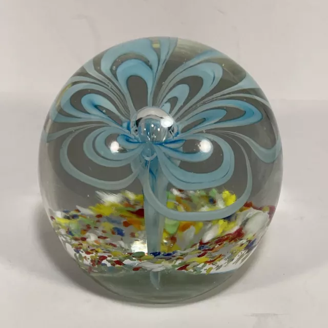 SDS SEAPOOT Art Glass Paperweight Aqua Blue Flower with Large Bubble 3”