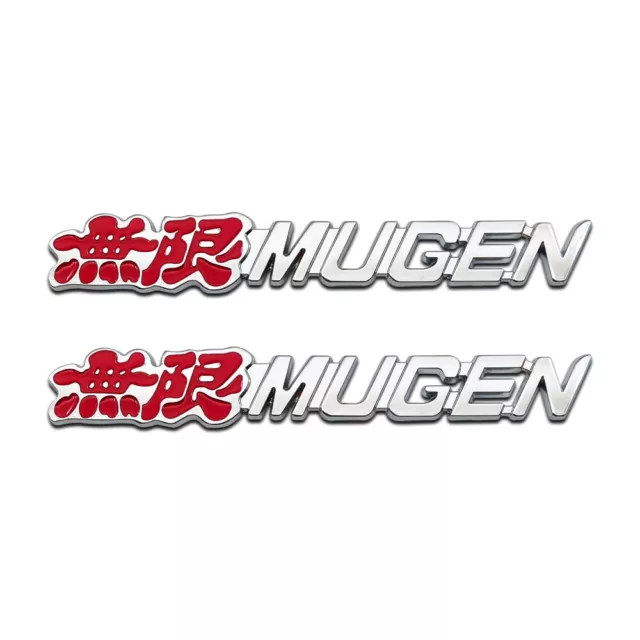 2x Silver & Red Metal MUGEN Logo Car Emblem Chrome Sports Racing SUV Badge Decal