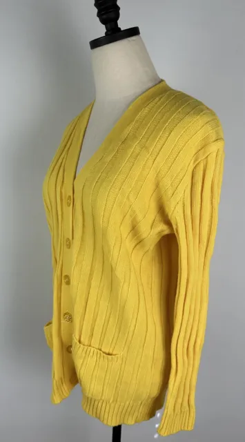 Vintage 70s Yellow Cardigan Sweater S / M Ribbed Acrylic Knit Colorful FLAWS