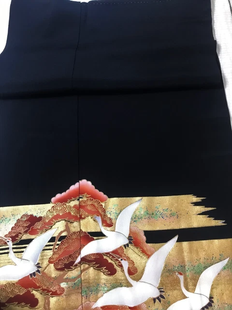 @@ Vintage Japanese kimono silk fabric/ tomesode black/ cranes, pine tree AP37 7