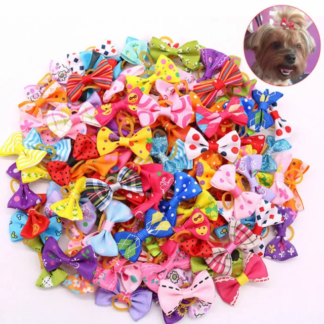 Dog Pet Cat Hair Bows Rubber Band Puppy Headdress Grooming Accessories Lot