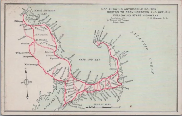 Postcard Map Showing Auto Route Boston to Provincetown MA 1914