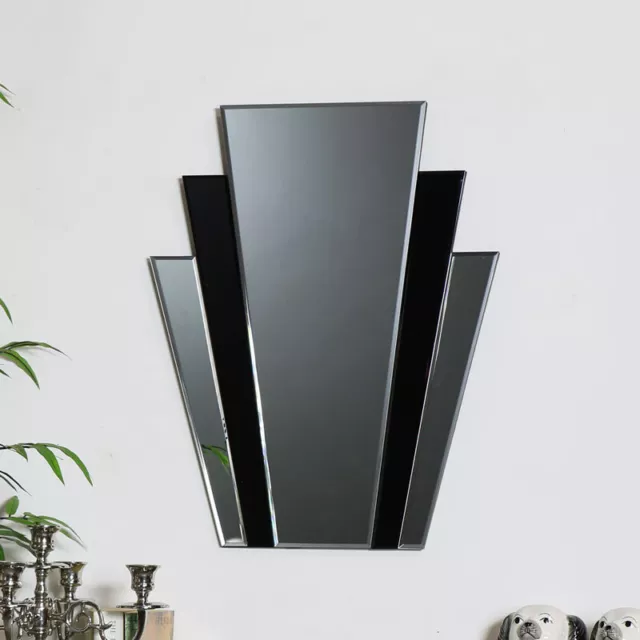 Black glass panelled retro art deco wall mirror vintage living room hall display