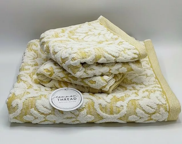 COMMON THREAD BATH and Hand towels Scroll GREEN and WHITE 3Pc Set