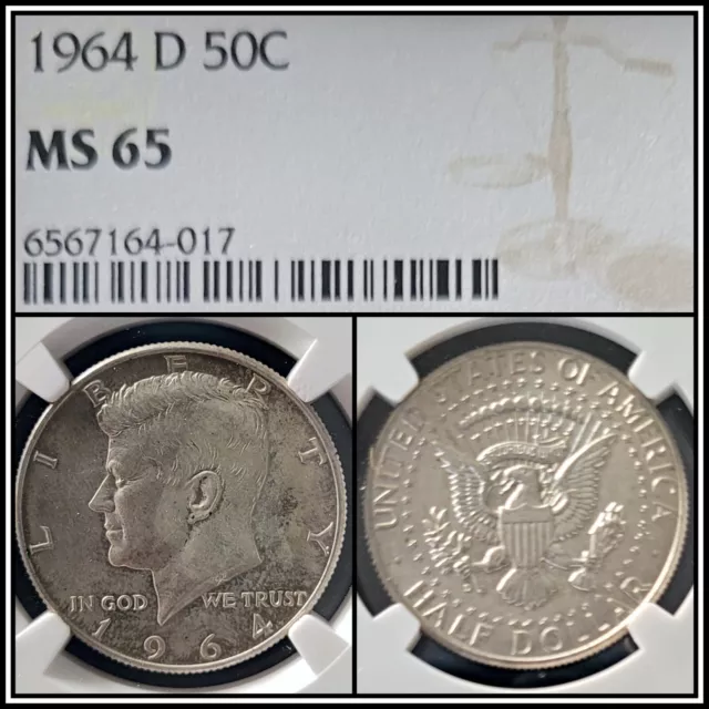 1964-D Silver 50c Kennedy Half Dollar NGC MS 65 Gem Unc BU Coin