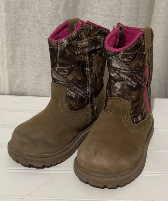 Magellan Outdoors Youth Girls Brown Pink Camo Hunting Boots Zip Up - Size 7 D