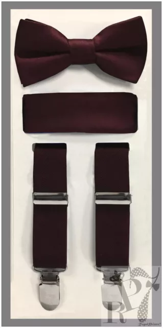 Dark Burgundy NEW Boy's Clip Suspender Bow tie & Pocket Square 3 pieces set