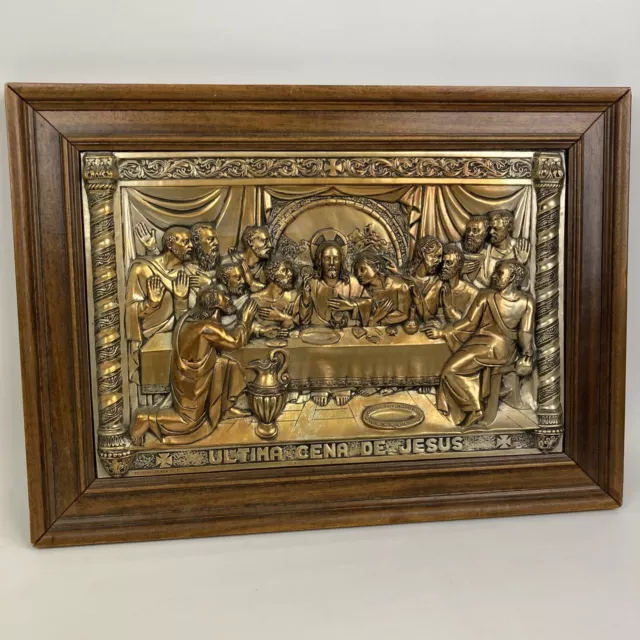 VTG THE LAST Supper Metal Wall Art - Embossed Copper on Wood 20 1/4