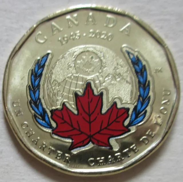 2020 Canada 75th Anniv United Nation One Dollar Loonie. UNC One Dollar $1 Loon