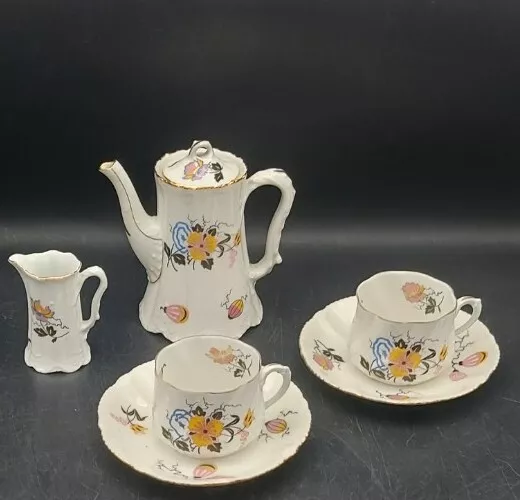 Cafetera, Crema & 2 Tazas Art Nouveau Porcelana de Limoges M Hacia 1910