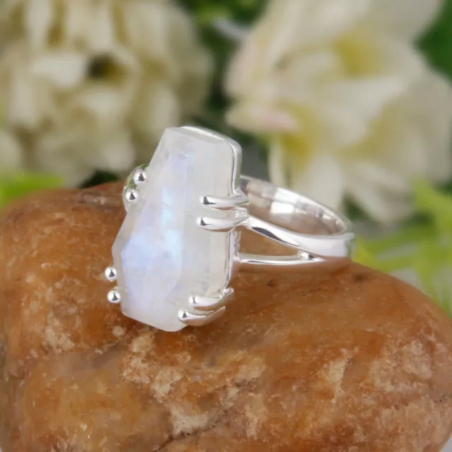 Rainbow Moonstone Coffin Shape Ring Solid 925 Silver Womens Engagements Jewelry