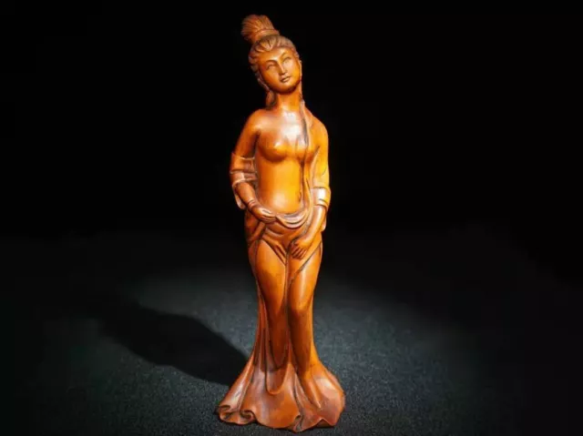 Chinese Natural Boxwood Hand carved  Exquisite Beautiful Woman Statues 2957