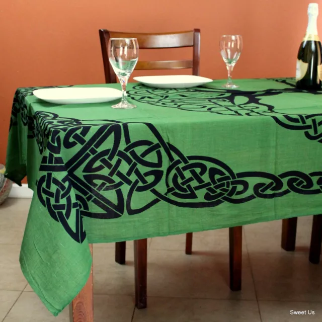 Cotton Celtic Tree of Life Tablecloth Rectangle 60x90 inch Beige Green