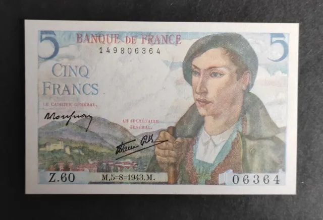 Billets de 5 Francs Berger du 05/08/1943  Z.60 neuf ( UNC )