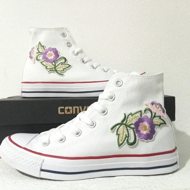 CONVERSE ALL STAR Alte Patch Toppa Bianche Fiori Lilla