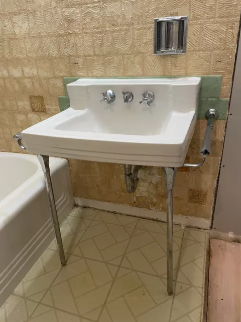Vintage 1954 American Standard White Porcelain Bathroom Sink Legs & Towel Bars