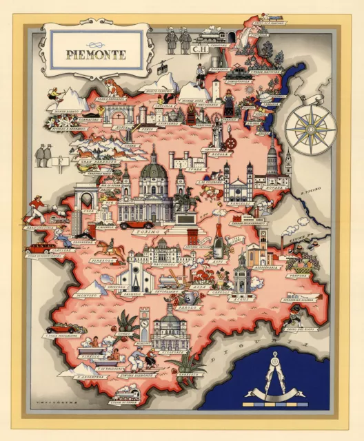 Midcentury Pictorial Map Piemonte Piedmont Italy Vintage Wall Poster Home School