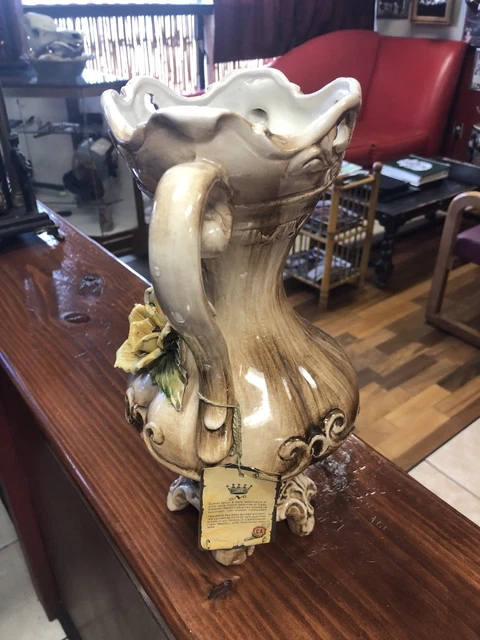 Schöne Vintage Capodimonte Porzellan 12,5"" Vase/Urne Italien Keramik Blumenmuster 2