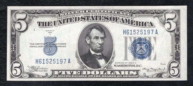 1934-A $5 Five Dollars Silver Certificate Currency Note Gem Uncirculated