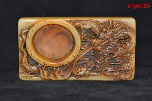 China Shoushan Stone Carved Loong dragon statue ink-stone ink slab Inkwell box