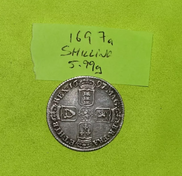 1697 Silver SHILLING Coin WILLIAM III (1694 - 1702) 5.99grams ESC1091