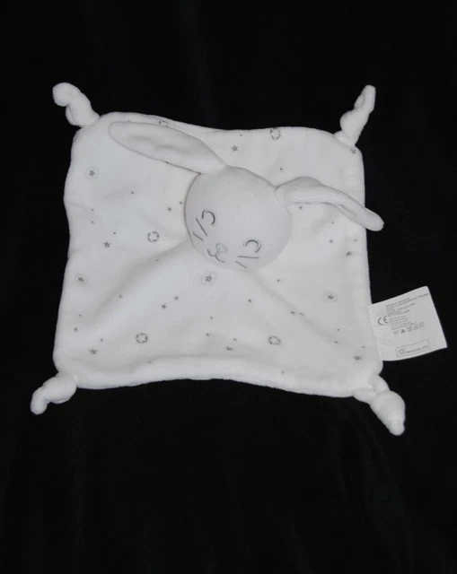 Doudou plat lapin SIPLEC LECLERC blanc étoiles gris 4 nœuds TTBE