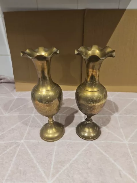 Vintage Brass Vases Etched Scalloped Rims