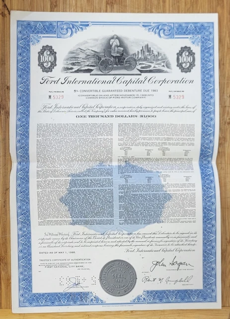 Stock Certificate Bond Ford Henry International Capital Corporation $1000 Bond