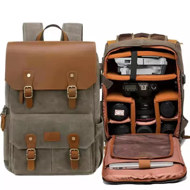 Canvas DSLR Camera Backpack Bag Rucksack For 15'' Laptop Canon Nikon Sony Drone